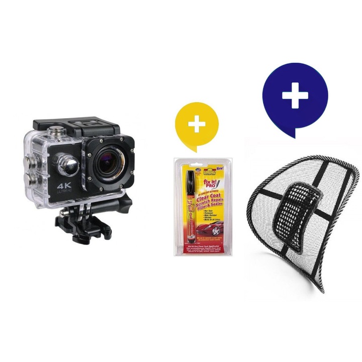 Комплект - Екшън камера GoPlus 4K20, 4K Ultra HD, 2 инчов дисплей, 170° лещи, Водоустойчива, WiFI + Химикалка Fix it за премахване на драскотини + Анатомична облегалка Lumbar Support + комфорт