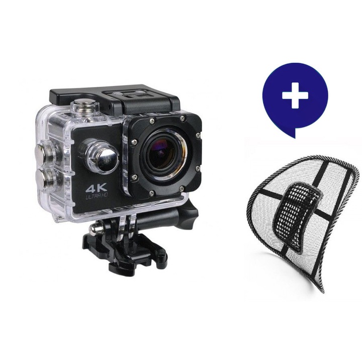 Комплект Екшън камера GoPlus 4K20, 4K Ultra HD, 2 инчов дисплей, 170° лещи, Водоустойчива, WiFI + Анатомична облегалка Lumbar Support + комфорт
