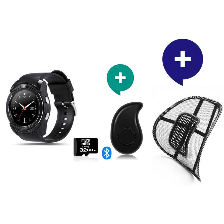 Комплект Комплект - Комплект Смарт часовник Smart watch, V8 с bluetooth, камера и SIM карта, Черен + SD карта 32 GB Kingston + Мини Спортна S530 Слушалка + Анатомична облегалка Lumbar Support + комфорт