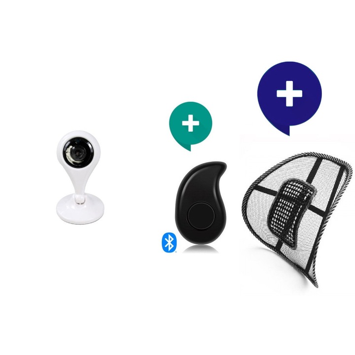Комплект Мини камера-Wi Fi Smart камера V380S-TS, Бяла + Мини хендсфри слушалка S530 Черна + Анатомична облегалка Lumbar Support + комфорт