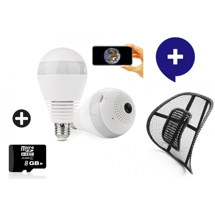 Комплект Панорамна камера тип крушка OEM +SD card 8 GB KINGSTON Panoramic Camera Light, Бяла + Анатомична облегалка Lumbar Support + комфорт