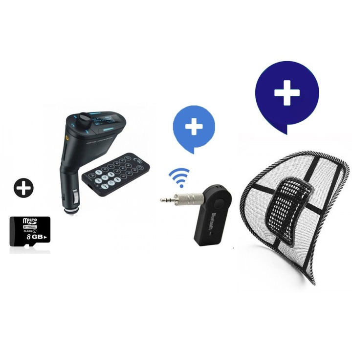Комплект Комплект FM трансмитер за автомобил с дистанционно+ SD Card 8 GB SANDISK и LCD дисплей, , Черен + FM 3.5mm Трансмитер с блутут и високоговорител + Анатомична облегалка Lumbar Support + комфорт