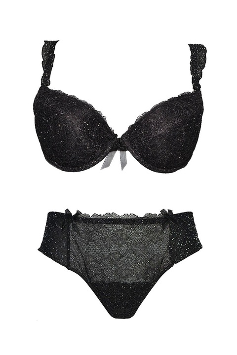 Set sutien cu pentru femei Venerastyle, dantela si tul, negru si argintiu, Negru mat