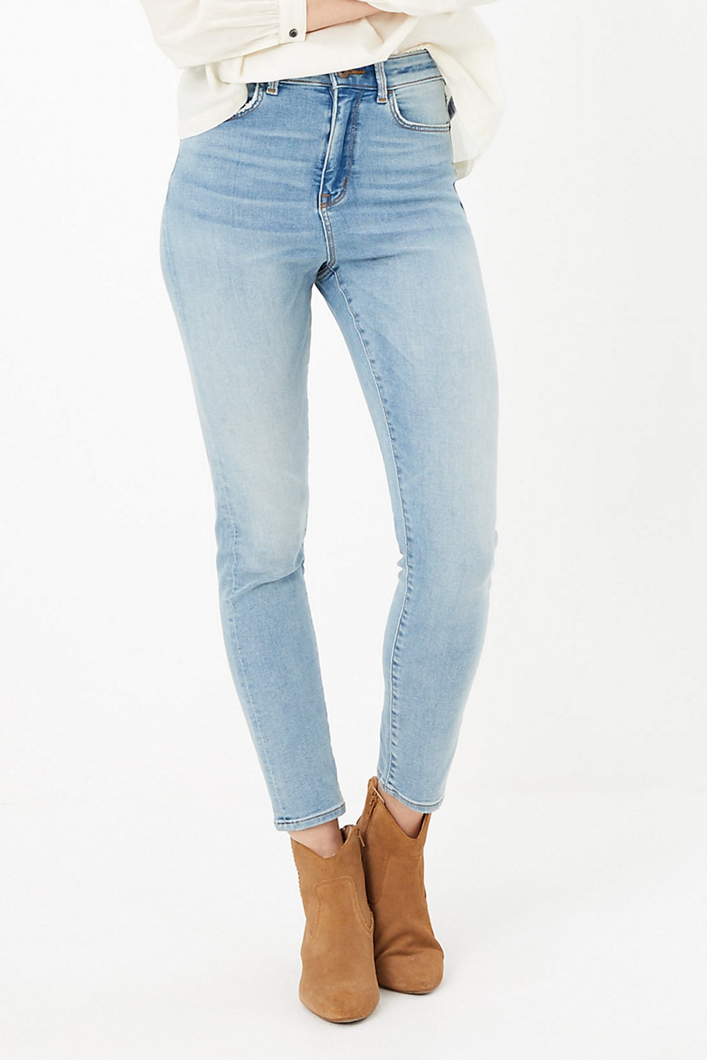 Marks & Spencer, Blugi slim fit cu talie inalta Harper, Albastru lavanda/Alb prafuit