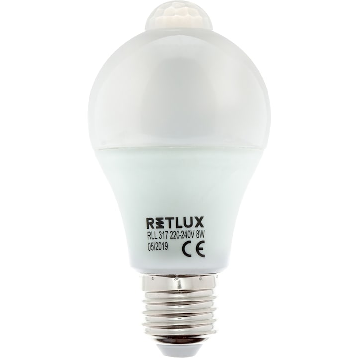 Retlux RLL 317 A60 8W-os E27-es mozgásérzékelős LED izzó, 3000K, 8W-os, 750 lumen