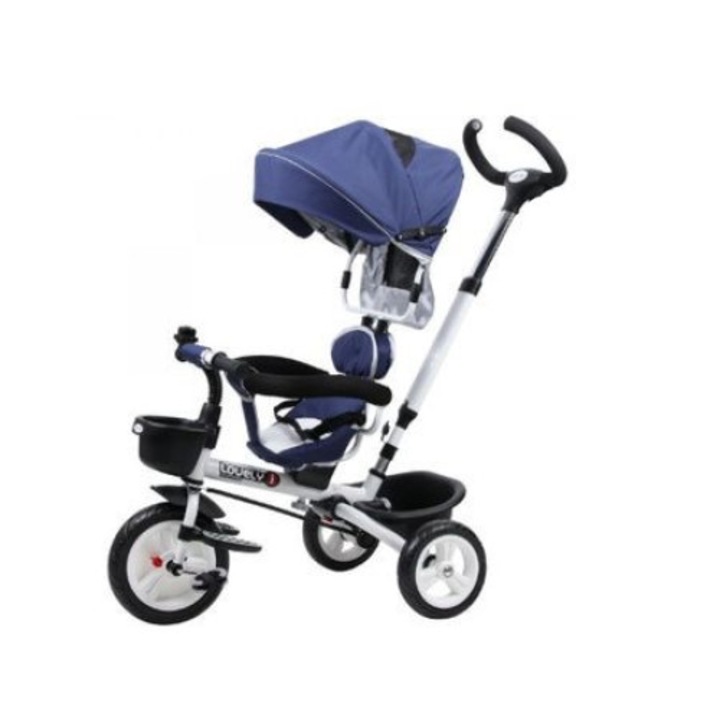 Детска триколка, тип количка, обръщаща се седалка с облегалка, за деца от 9 месеца до 5 години с гумени колела, клаксон, син цвят