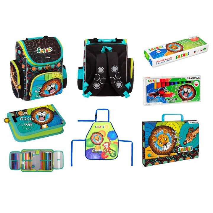 Set, scoala ghiozdan, safari, sort, Acuarele, Plastilina, penar, o servieta cu maner, multicolor