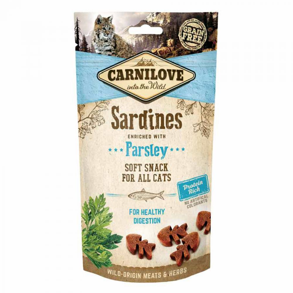 Recompense pentru pisici Carnilove Semi-Moist, Sardine si Patrunjel, 6 x 50 g