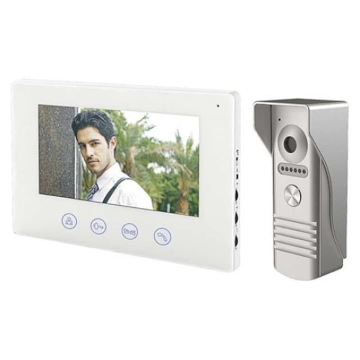 Video-Interfon 3in1 SMART Home , ultra-plat cu diagonala de 7 inch , Deschidere usa , WiFi , Iluminare pe timp de noapte , LED culoare rosie , Captare foto/video a vizitatorului , Alb