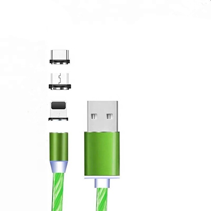 Cablu Magnetic Luminat VERDE de incarcare cu Flux Luminos iPhone, USB Type C si MicroUSB, 3 Conectori SFDSRO