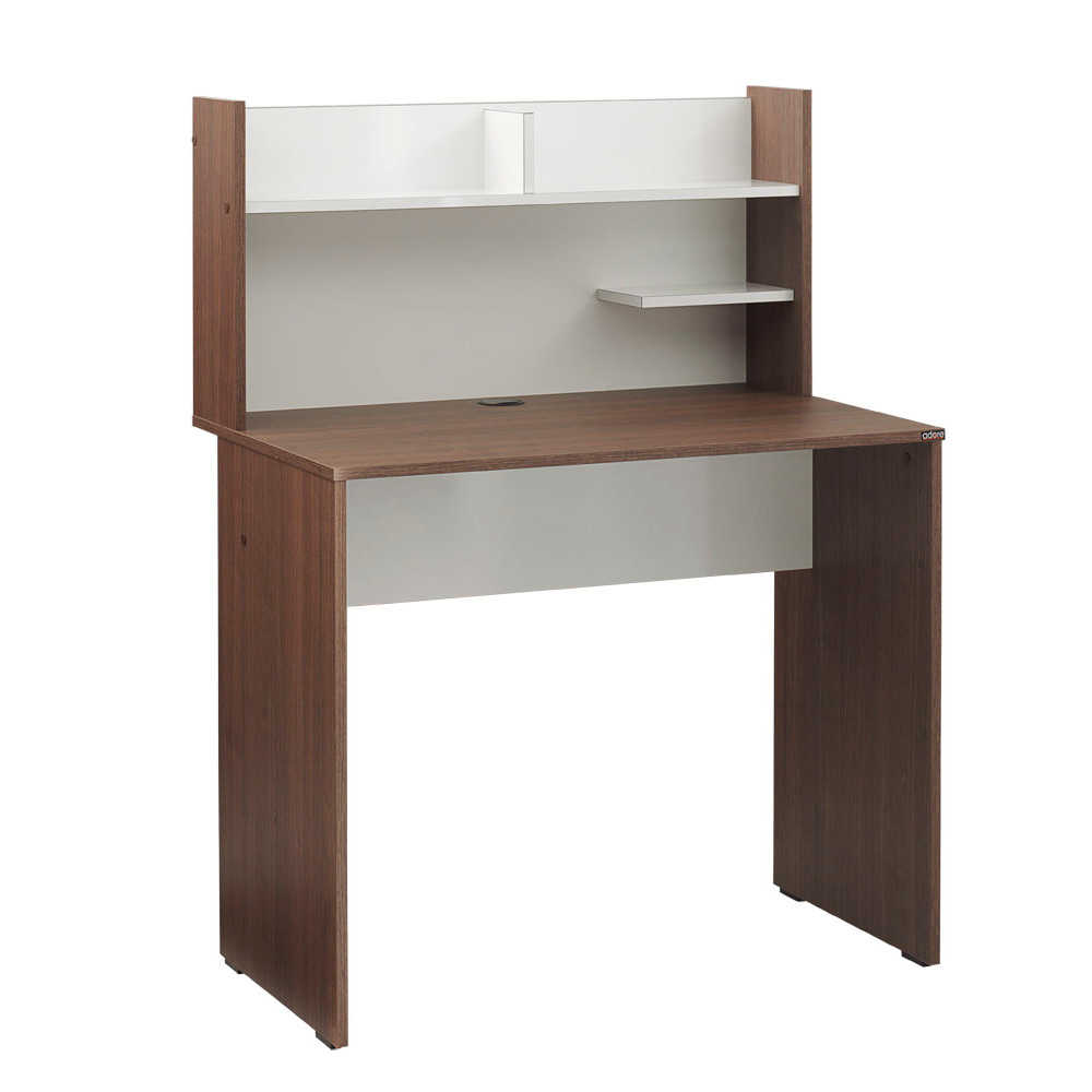 Birou Adore Plus, cu rafturi, Nuc, Alb Lucios, 90x122x55 cm