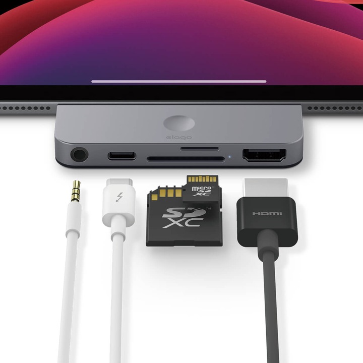 Elago USB-C Pocket Pro Hub Adapter - мултифункционален хъб за свързване на допълнителна периферия за iPad Pro и мобилни устройства (тъмносив)