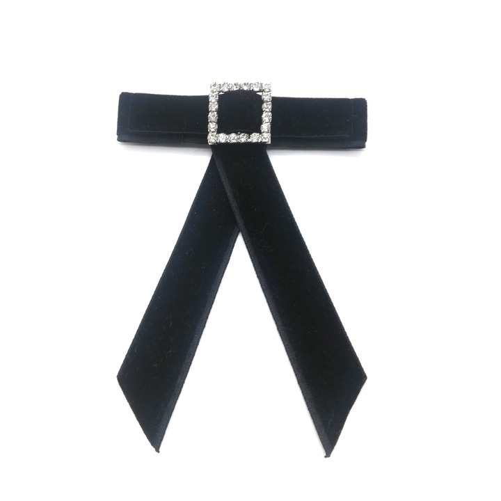 Brosa papion din catifea neagra si catarama decorativa cu strasuri