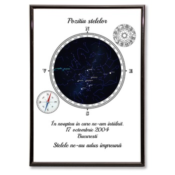 Tablou personalizat cu harta stelelor si compas, Cadouri Family, rama negru, 20 x 30 cm Tablou personalizat cu harta stelelor si compas, Cadouri Family, rama negru, 20 x 30 cm