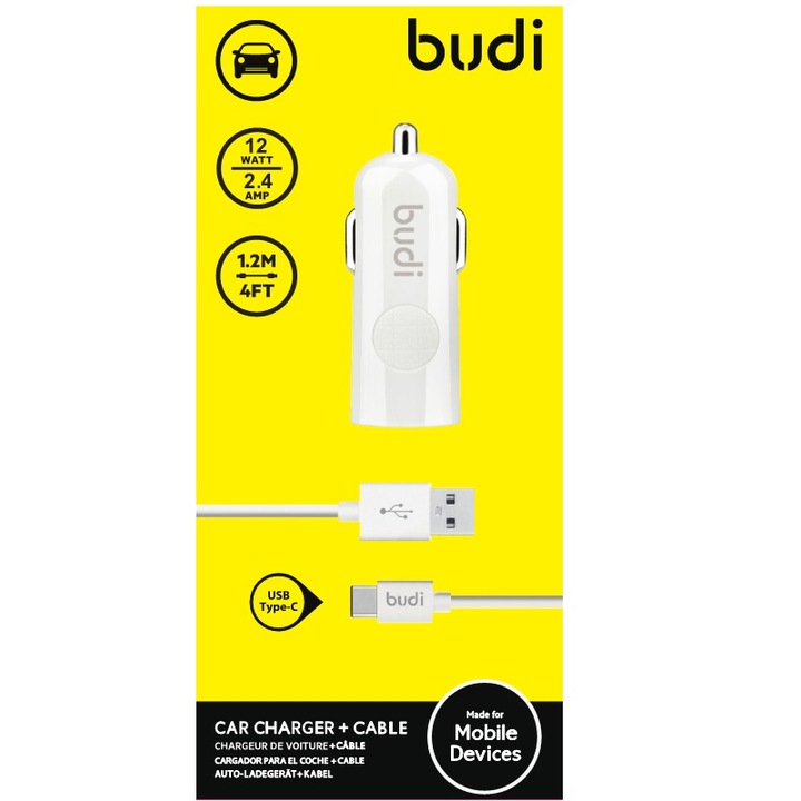 Incarcator auto, Budi, ABS, USB, Cablu USB-C, 1.2 m, Alb