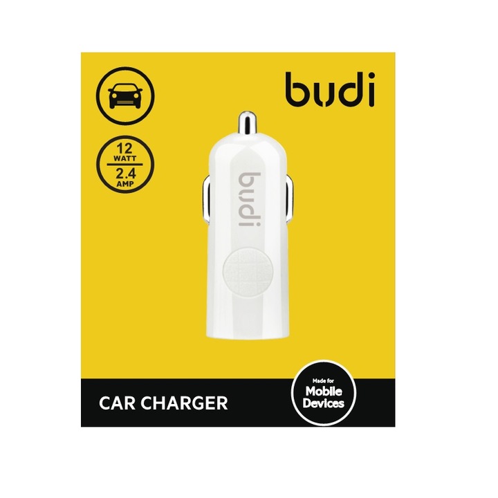 Incarcator auto USB, Budi, ABS, 12W, Alb
