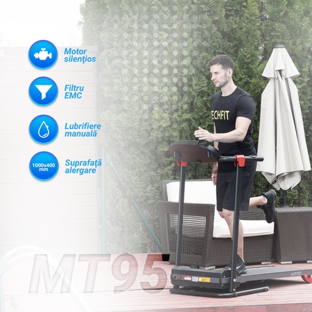 Banda de alergare TECHFIT MT95, Motor 2.5 CP, Greutate utilizator 110 Kg, Bluetooth, Aplicatii, 16 Programe antrenament, Suprafata de alergare 100 x 40 cm