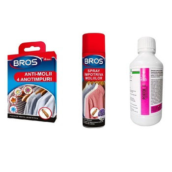 Set anti insecte compus din suport de agatat pentru molii, spray cu aerosol 150 ml, Bros033, anti molii,aerosol anti molii si solutie Pertox 8 1L Set anti insecte compus din suport de agatat pentru molii, spray cu aerosol 150 ml, Bros033, anti molii,aerosol anti molii si solutie Pertox 8 1L
