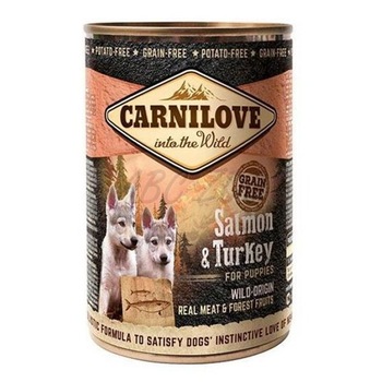 Hrana umeda pentru caini Carnilove Wild Meat, Somon & Curcan, Junior, 5 x 400 g Hrana umeda pentru caini Carnilove Wild Meat, Somon & Curcan, Junior, 5 x 400 g