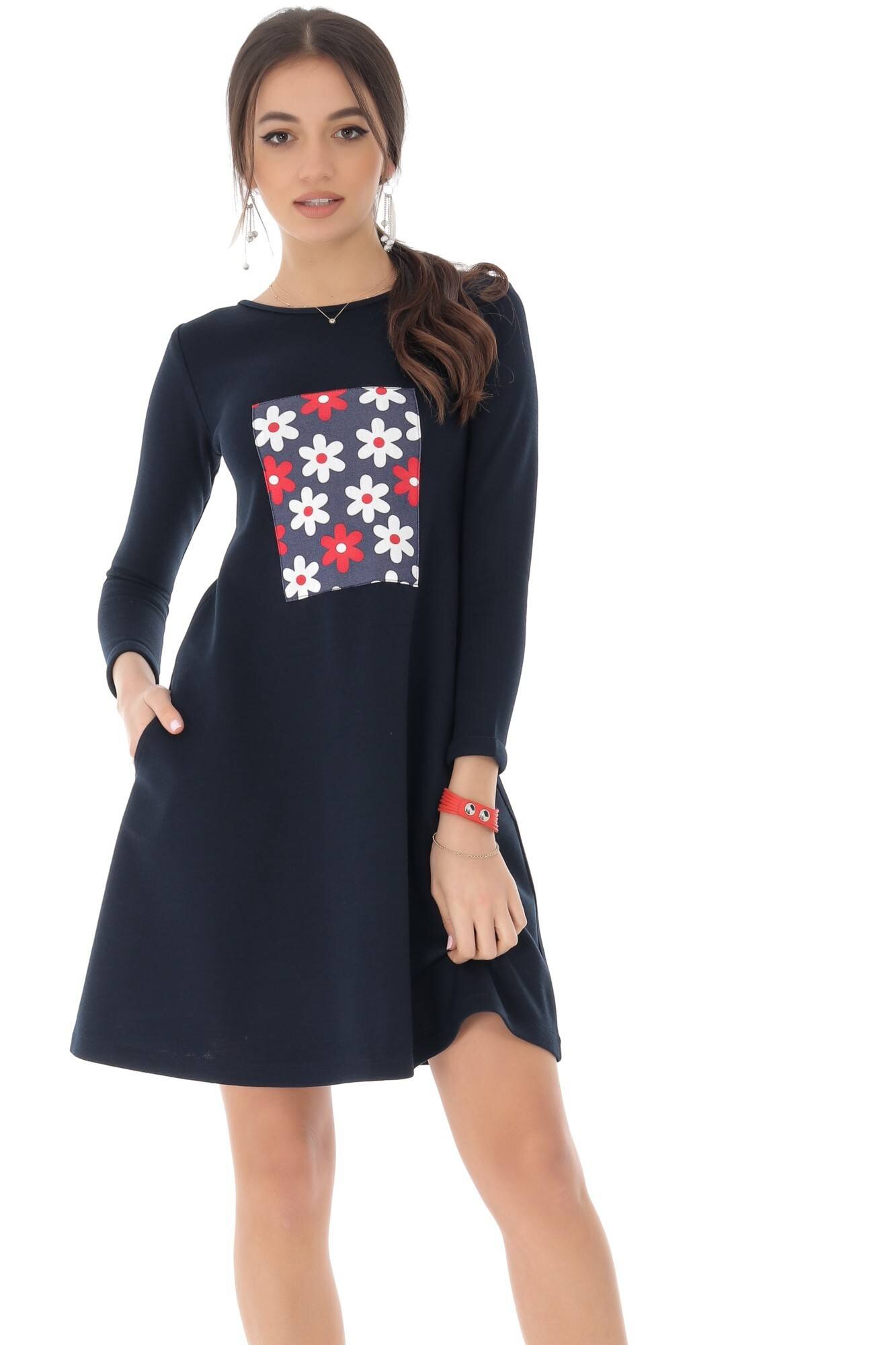 Rochie bleumarin, cu contrast floral - ROH - DR4077, XS