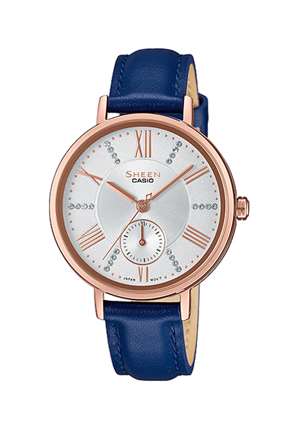 Casio, Ceas cu o curea din piele si cristale®, Bleumarin/auriu rose/alb