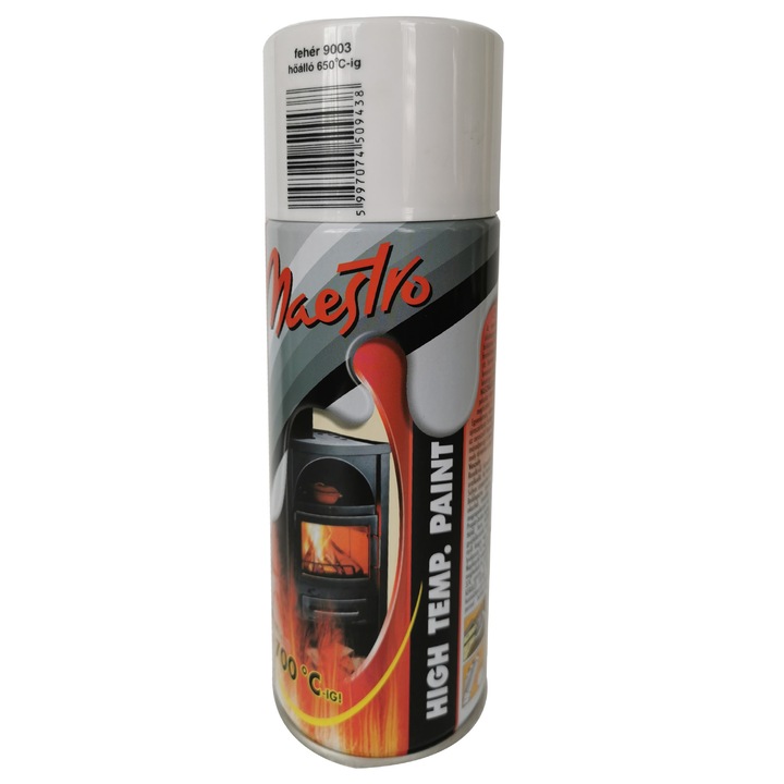 Maestro Festék spray, Hőálló, 700 °C, Fényes Fehér, 400 ml