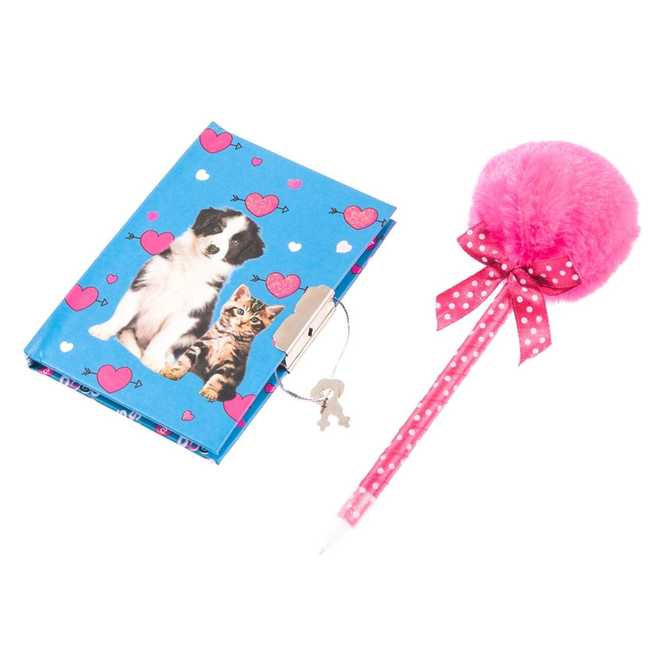 Agenda pentru copii, Zola®, model caini, cu lacat si stilou fuchsia