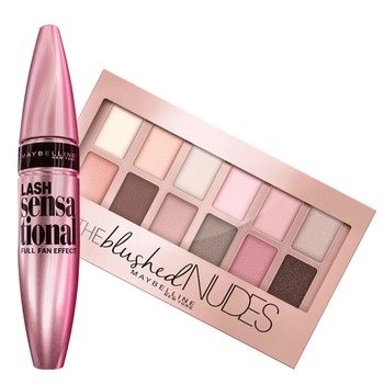 Set Maybelline New York: Mascara Lash Sensational Black, 9.5 ml + Paleta de farduri The Blushed Nudes, 9.6 g Set Maybelline New York: Mascara Lash Sensational Black, 9.5 ml + Paleta de farduri The Blushed Nudes, 9.6 g