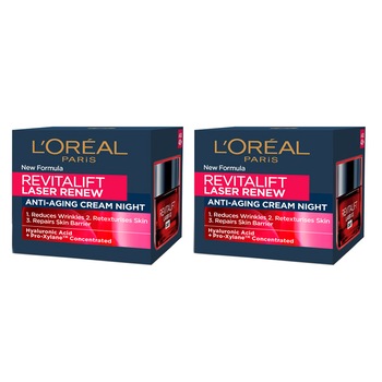 Set L'Oreal Paris Revitalift Laser Renew: 2x Crema antirid de noapte, 50 ml Set L'Oreal Paris Revitalift Laser Renew: 2x Crema antirid de noapte, 50 ml