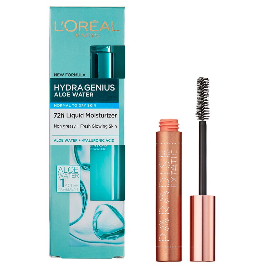 Set L'Oreal Paris: Crema de zi fluida Hydra Genius pentru ten normal-uscat, 70 ml + Mascara Paradise Extatic Black, 6.4 ml