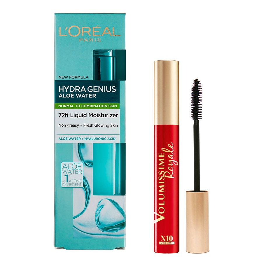 Set L'Oreal Paris: Crema de zi fluida Hydra Genius pentru ten normal-mixt, 70 ml + Mascara Volumissime Royale Black, 7.9 ml