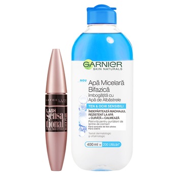 Set Apa micelara bifazica Garnier Skin Naturals pentru ten sensibil + Mascara Maybelline New York Lash Sensational Black, 9.5 ml Set Apa micelara bifazica Garnier Skin Naturals pentru ten sensibil + Mascara Maybelline New York Lash Sensational Black, 9.5 ml