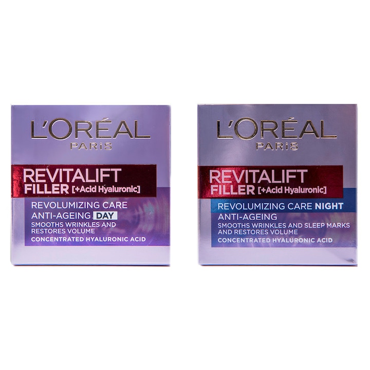 Комплект L'Oreal Paris Revitalift Filler: Дневен крем против бръчки, 50 мл + Нощен крем против бръчки, 50 мл