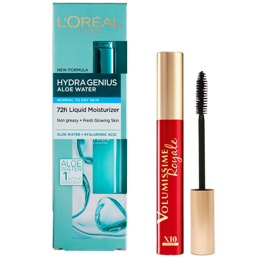 Set L'Oreal Paris: Crema de zi fluida Hydra Genius pentru ten normal-uscat, 70 ml + Mascara Volumissime Royale Black, 7.9 ml