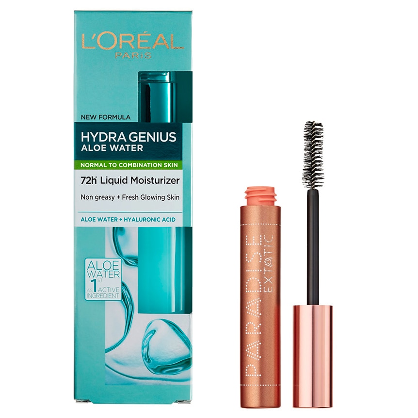 Set L'Oreal Paris: Crema de zi fluida Hydra Genius pentru ten normal-mixt, 70 ml + Mascara Paradise Extatic Black, 6.4 ml
