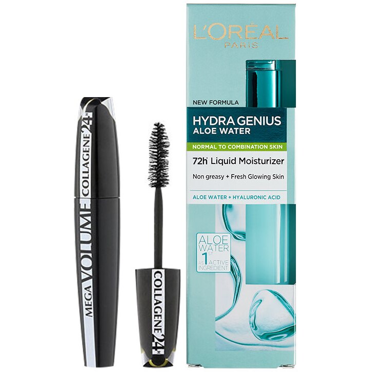 Set L'Oreal Paris: Crema de zi fluida Hydra Genius pentru ten normal-mixt, 70 ml + Mascara Mega Volume Collagene 24H Black, 9 ml
