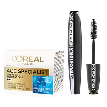 Set L'Oreal Paris: Mascara Mega Volume Collagene 24H Black, 9 ml + Crema antirid de zi Age Specialist 35+, 50 ml Set L'Oreal Paris: Mascara Mega Volume Collagene 24H Black, 9 ml + Crema antirid de zi Age Specialist 35+, 50 ml
