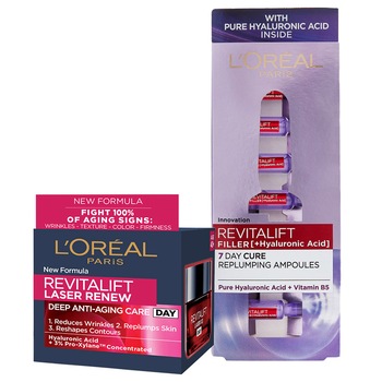Set L'Oreal Paris: Ser fiole antirid Revitalift Filler cu acid hialuronic, 7 x 1.3 ml + Crema antirid de zi Revitalift Laser Renew, 50 ml Set L'Oreal Paris: Ser fiole antirid Revitalift Filler cu acid hialuronic, 7 x 1.3 ml + Crema antirid de zi Revitalift Laser Renew, 50 ml