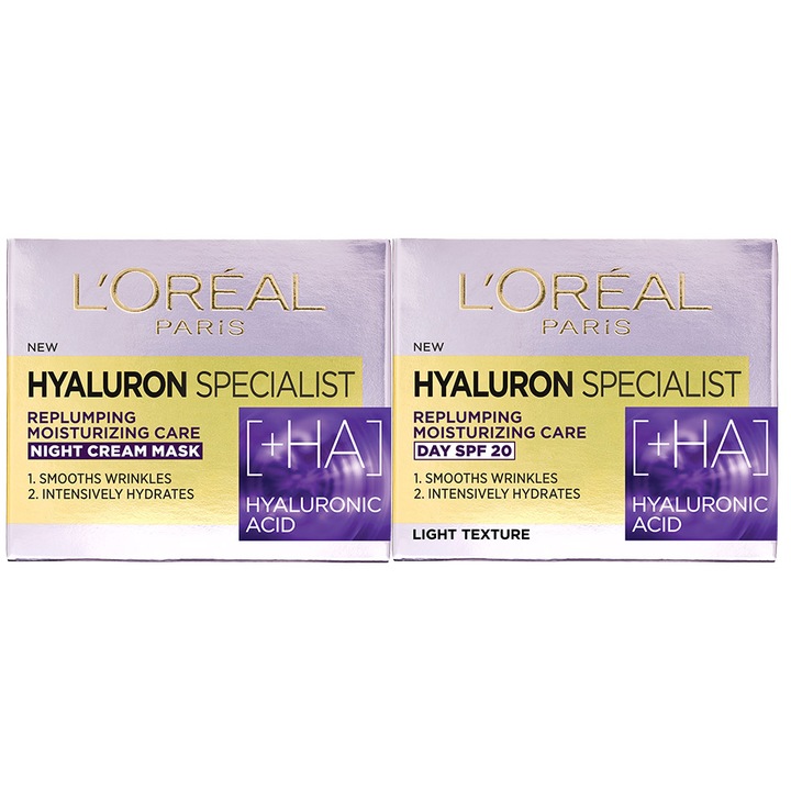 Set L'Oreal Paris Hyaluron Specialist: Crema antirid de zi, 50 ml + Crema antirid de noapte, 50 ml