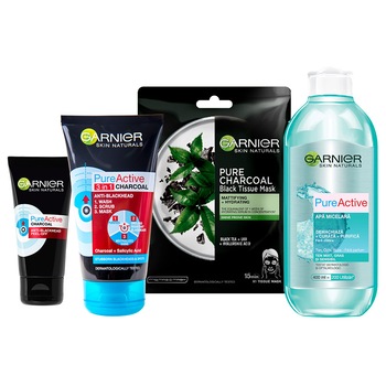 Set Garnier Skin Naturals: Gel de curatare 3 în 1, 150 ml + Masca pentru puncte negre, 50 ml + Masca servetel pentru matifiere, 28 g + Apa micelara pentru ten gras, 400 ml Set Garnier Skin Naturals: Gel de curatare 3 în 1, 150 ml + Masca pentru puncte negre, 50 ml + Masca servetel pentru matifiere, 28 g + Apa micelara pentru ten gras, 400 ml