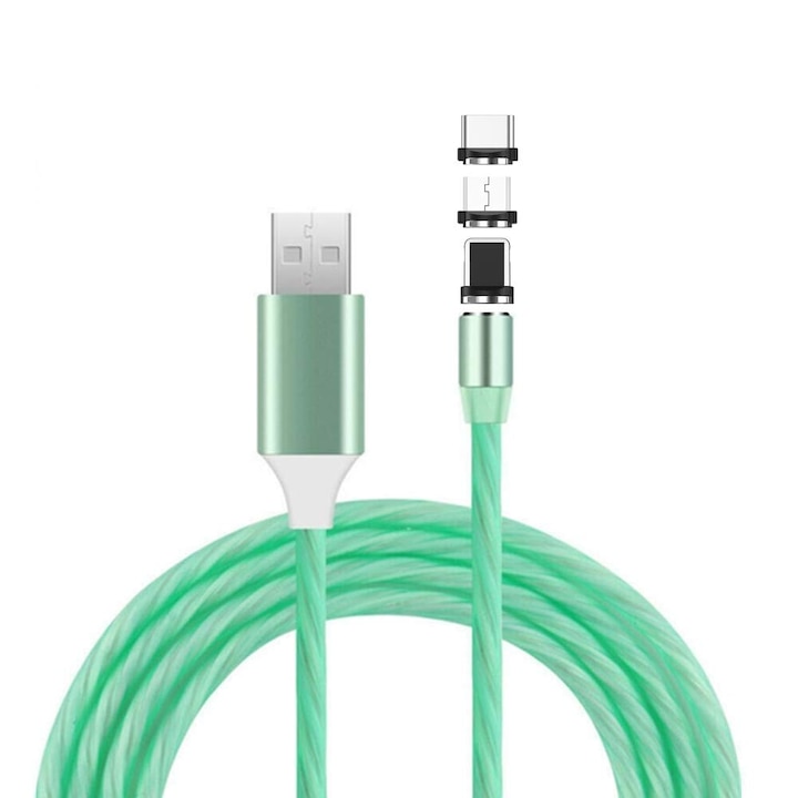 Cablu de incarcare cu flux luminos verde EVTrend PREMIUM MAGNETIC, 3 in 1, USB-C, Micro-USB, tip Lightning, conectori magnetici, USB, USB-C, Micro-USB, tip Lightning, 5V, 2A, 1m, LED, VERDE
