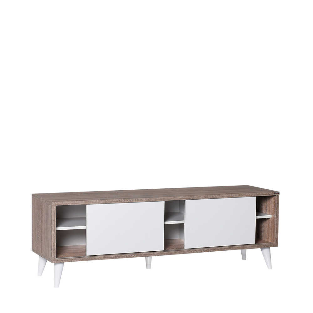 Comoda TV Adore Retro, 2 usi glisante, Latte/Alb, 150x50x40 cm