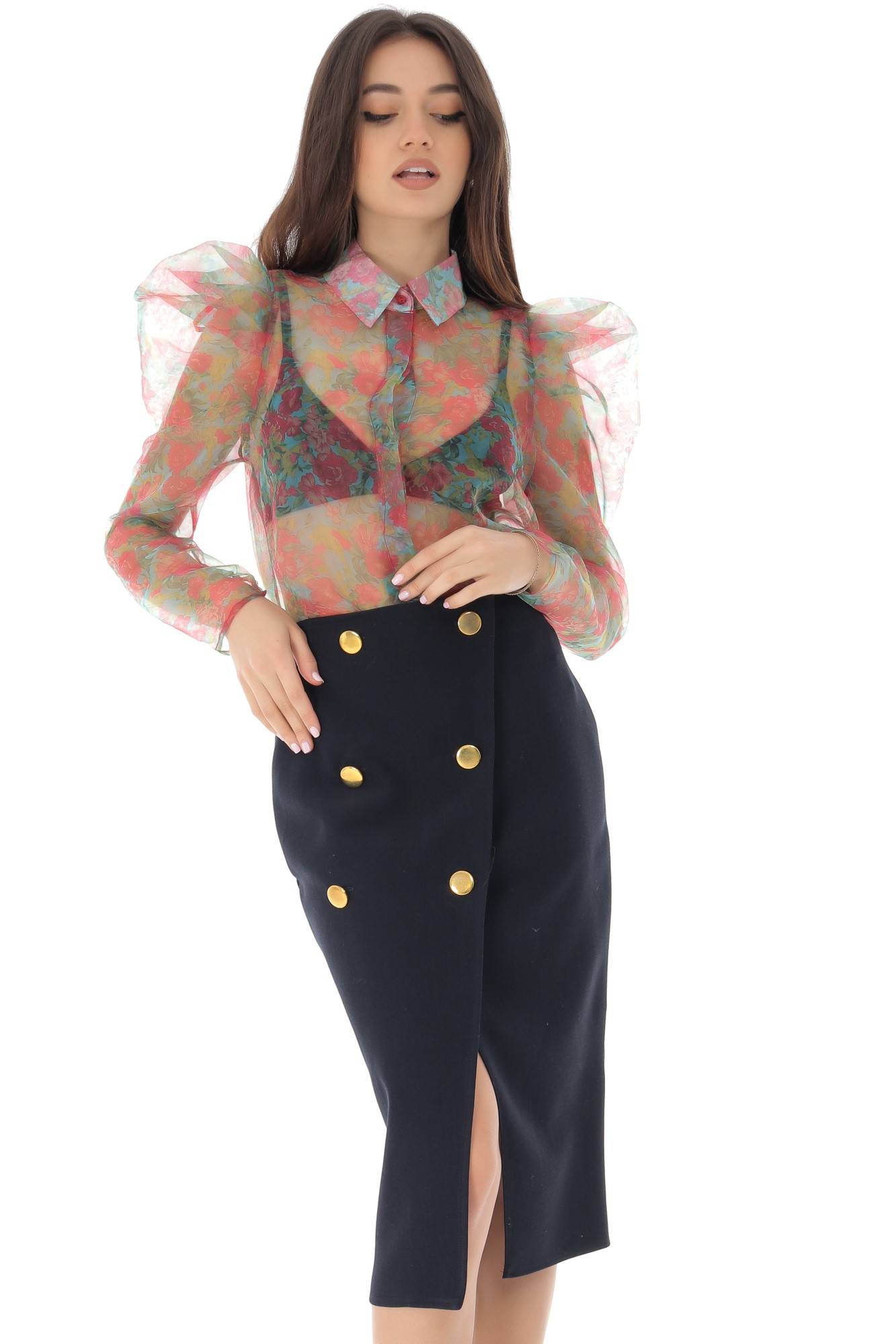 Bluza rosie de dama, imprimata, ROH, cu nasturi - BR2247