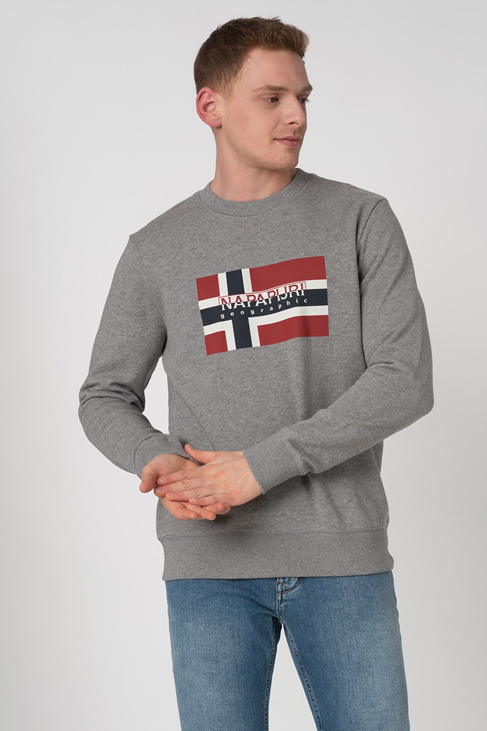 Napapijri, Bluza sport cu logo Bovico, Gri melange/Rosu inchis/Bleumarin inchis, 2XL