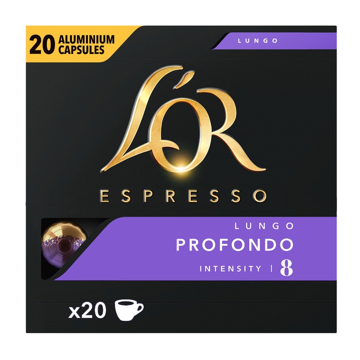 Cafea capsule, L’OR Espresso Lungo Profondo, intensitate 8, 20 bauturi x 110 ml, compatibile Nespresso, 20 buc, 104 g