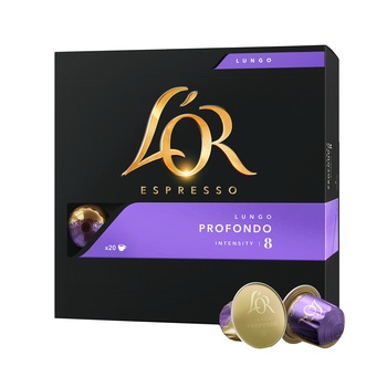 Capsule cafea, L'OR Espresso Lungo Profondo, intensitate 8, 20 bauturi x 110 ml, compatibile cu sistemul Nespresso®*, 20 capsule aluminiu Capsule cafea, L'OR Espresso Lungo Profondo, intensitate 8, 20 bauturi x 110 ml, compatibile cu sistemul Nespresso®*, 20 capsule aluminiu