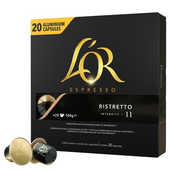 Capsule cafea, L'OR Espresso Ristretto, intensitate 11, 20 bauturi x 25 ml, compatibile cu sistemul Nespresso®*, 20 capsule aluminiu Capsule cafea, L'OR Espresso Ristretto, intensitate 11, 20 bauturi x 25 ml, compatibile cu sistemul Nespresso®*, 20 capsule aluminiu