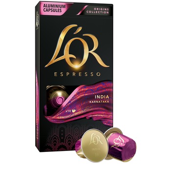 Capsule cafea, L'OR Espresso India, intensitate 10, 10 bauturi x 40 ml, compatibile cu sistemul Nespresso®*, 10 capsule aluminiu Capsule cafea, L'OR Espresso India, intensitate 10, 10 bauturi x 40 ml, compatibile cu sistemul Nespresso®*, 10 capsule aluminiu
