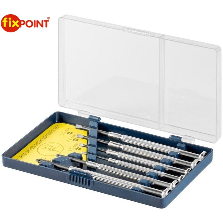 Малък комплект отвертки FixPoint, 2бр. кръстати (0; 1) и 4бр.прави (1.4; 2.0; 2.4; 3.0) в пластмасова кутия
