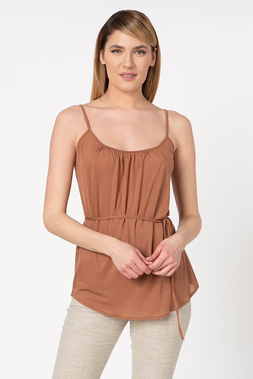 Stefanel, Top din lyocell cu cordon detasabil, in talie, Maro